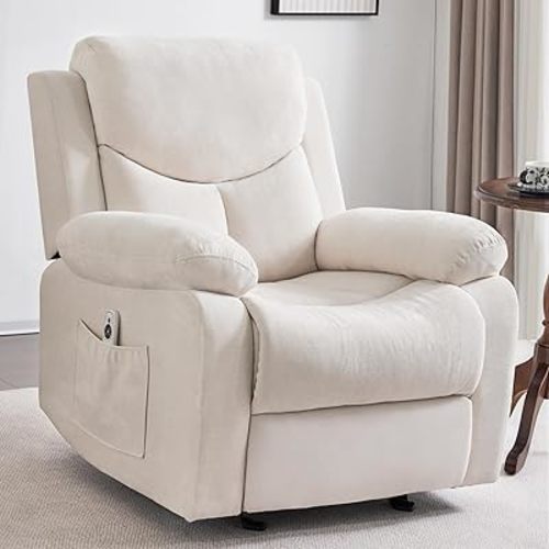 Manual Rocker Recliner Chair for Adults with Massage,Overstuffed Glider Rocking Fabric Recliner Sofa for Living Room,Upholstered Soft Reclining Chairs with Side Pockets (Beige)