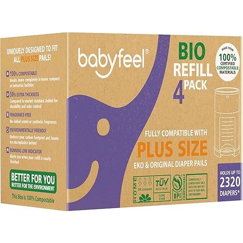 Babyfeel BIO Refills Compatible with DEKOR PLUS Diaper Pails | 100% Compostable | 4 Pack | 50% Extra Thickness | Compost Refill bags with Running Low Indicator | Powerful Odor Control | Fragrance-free