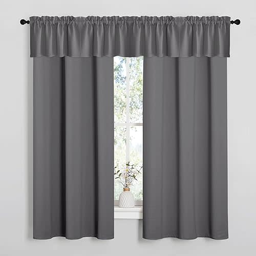 NICETOWN 2 Panles 42 x 63 inches Long Grommet Blackout Window Curtains with 2 Panles 42 x 16 inches Length Blackout Valances for Bedroom Living Room Decor, Grey