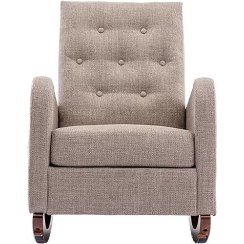 Modern Accent Rocking Chair, Upholstered Nursery Glider Rocker for Baby, Comfy Armchair with Side Pocket, Living Room Lounge Arm Chair, High Backrest with Decorative Buttons, Linen Fabric (Camel)