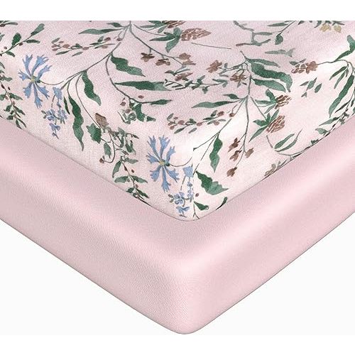 Crib Sheets Fitted, Baby Crib Sheets Girl, 2 pc Crib Mattress Sheet, 52"x28" Standard CribSheets for Baby Girl, Viscose Sheets for Cribs (Botanical Pink CribSheets Girls)