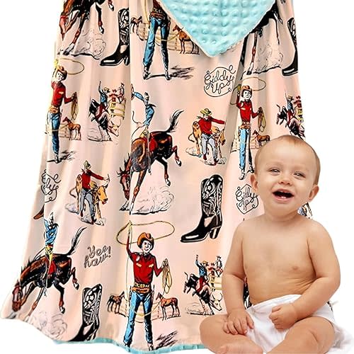 Western Baby Blanket, Cowboy Blanket Baby Wild West Country Western, Farm House Horse Blanket Gift Baby Cowgirl Cowboy Minky Soft Receiving Security Bed Swadling Throw Blanket (Ivory Yeehaw)