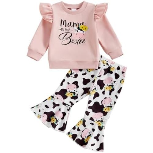 Western Bell Bottom Outfits For Toddler Girls Fall Winter Clothes Cow Print Crewneck Sweatshirt Flare Pants Casual Set