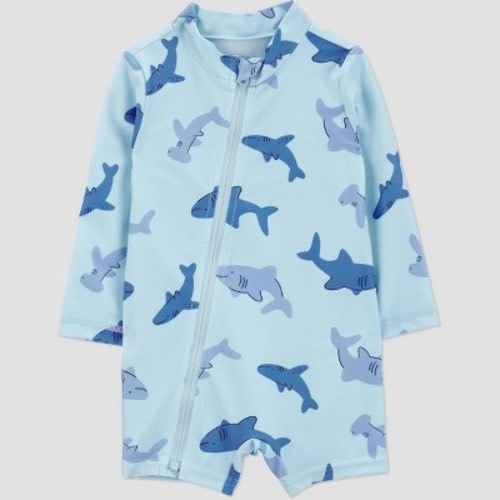 Carter's Just One You®️ Baby Boys' Long Sleeve Sharks Printed One Piece Rash Guard - Light Blue 6M: UPF 50+, Front Zipper, Full Lining