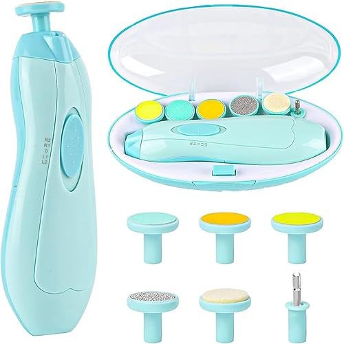 Baby Nail Electric Trimmer, Trim Polish Grooming Kit with 6 Grinding Head and LED Light, Safe Nail Clippers Nail File Kit for New Born Infant Toddler or Adults Toes and Fingernails (Green)