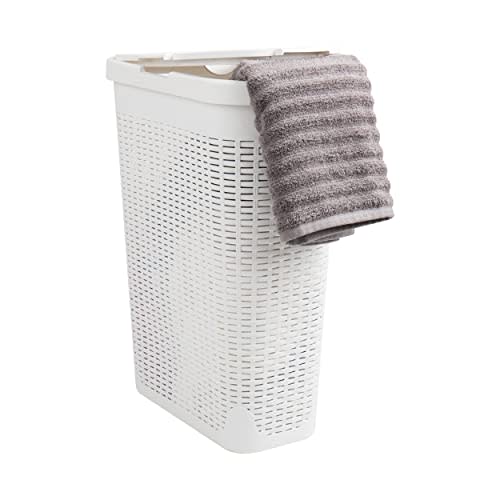 Mind Reader Slim Laundry Hamper with Lid, 40L Clothes Basket, Premium Wicker Design, Plastic, White