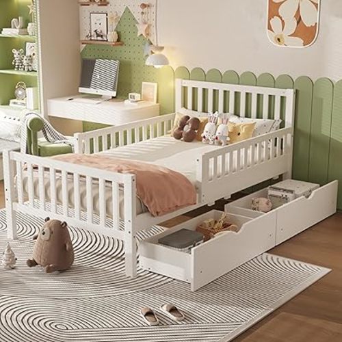 Bellemave Kids Twin Bed Frame with Storage Drawers and Both Sides Guardrails, Kids Platform Bed with Headboard and Slat Support, White