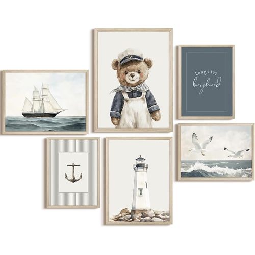 Teddy Bear Nursery Wall Art Baby Boys Room Canvas Poster Vintage Nursery Wall Decor Kids Room Coastal Prints Navy Sailor Bear Pictures Nautical Sailboat Painting Artwork for Bedroom 12x16 Inch Framed