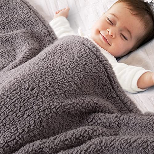 Bertte Sherpa Fleece Baby Blanket for Boys Girls | Plush Swaddle Receiving Blankets Super Soft Warm Lightweight Breathable for Infant Toddler Crib Stroller - 33"x43" Large, Dark Grey