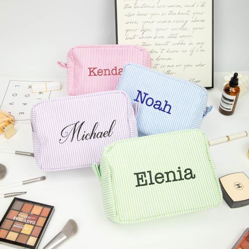Personalized Seersucker Cosmetic Bag,Bridesmaid Gift,Embroidered Makeup Bag for Women,Toiletry Bag,Travel Makeup Bag,Bachelorette,Bride Gift