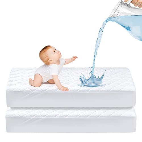 Mooreeke 2 Pack Crib Mattress Protector, Breathable Waterproof Quilted Fitted Mattress Cover, Ultra Soft Baby Mattress Pad 52" x 28" - Toddler Mattress Protector Fits Up to 9", White