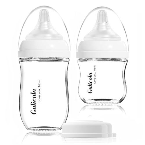 Natural Glass Baby Bottle Newborn Set, 3 oz and 5 oz with Extra Slow Flow & Slow Flow Nipple, Anti Colic, 0-3 Months, 2 Pack - White