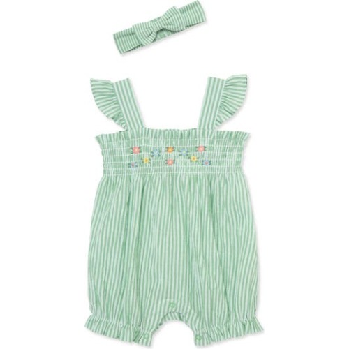Stripe Floral Embroidered Cotton Bubble Romper & Headband Set, 3M