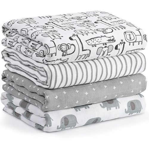 Muslin Swaddle Blankets for Newborn, 4 Pack Cotton Baby Blankets, Large 31.5 x 43.3 inch Breathable Soft Receiving Blanket, Essentials Swaddle Wrap Burping Clothes, Grey Animals