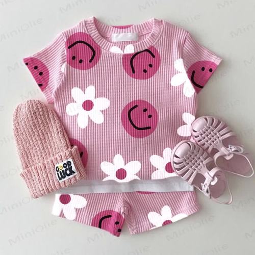 Baby Smile Face Floral Pink Waffle 2-piece Set