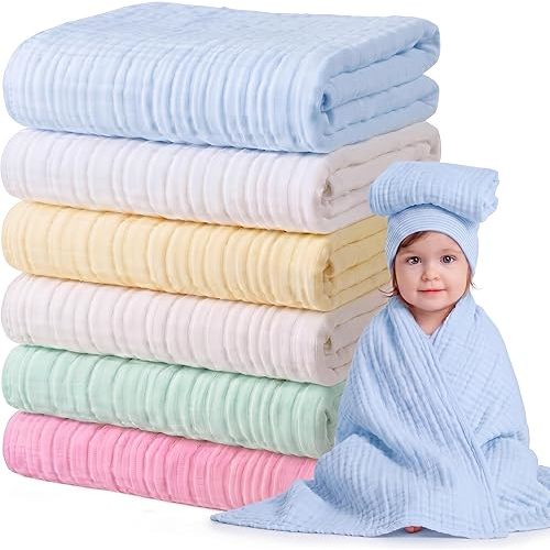 Chumia 6 Pack Baby Muslin Bath Towels Set – Large 43.3x43.3 Inch 6 Layers Soft Cotton Breathable Quick Dry Swaddle Blankets for Newborns, Infants, Toddlers (Multicolor)