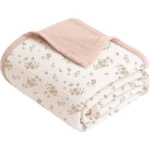 Konssy Muslin Baby Blankets, 100% Cotton Quilt Blankets for Baby Infant Toddler, Soft and Lightweight Nursery Crib Blanket for Baby Boys and Girls 43"x40" (Blossom)