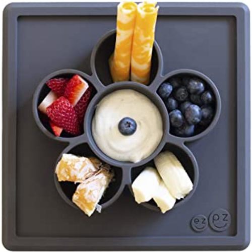 ezpz Mini Play Mat for 12 months+ - 100% Silicone Suction Flower Plate with Built-in Placemat for Toddlers - Crafting + Snacks - Divided Plate - Dishwasher Safe (Slate)