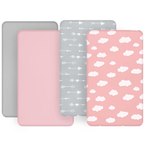 Bassinet Fitted Sheet(33" x 20"), 4 Pack for Most Bedside Sleeper Bassinet, Bassinet Sheets, Breathable & Soft Microfiber, Grey/Pink