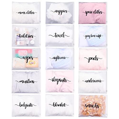 Boao 15 Pack Hospital Bags for Labor and Delivery 11 x 14 Inch Diaper Bag Organizing Pouches Resealable Maternity Hospital Pouches(Black Letter)