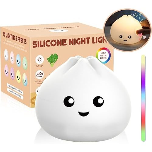 Night Light for Kids, Cute Steamed Bao Squishy Silicone Lamp with 2 Levels of Brightness, Kawaii Touch Nightlight for Room Decor, Perfect Gifts for Baby, Girl, Boy, Toddler, Nursery