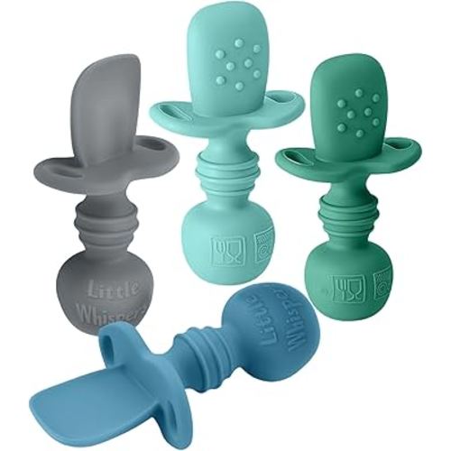 LittleWhispers Baby Silicone Spoons - Self Feeding 6 Months - Infant, Toddler, & Kid Friendly Utensils - First Stage, Baby Led Weaning - 4 Pack Utensil Set (Soft Blues)