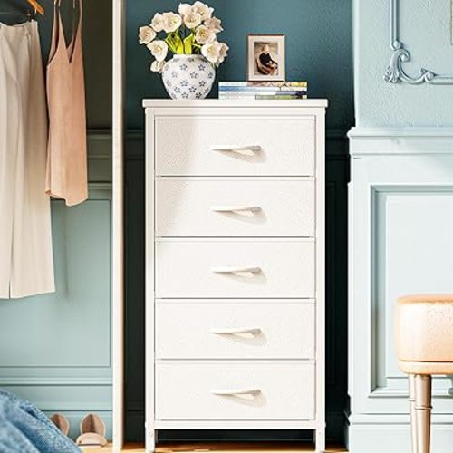 Huuger Tall Dresser for Bedroom, 5 Drawer Dresser & Chests of Drawers, Fabric Dresser for Closet, Bedroom, Night Stand, End Table with Metal Frame, Storage Tower with Fabric Bins, PU Leather, White