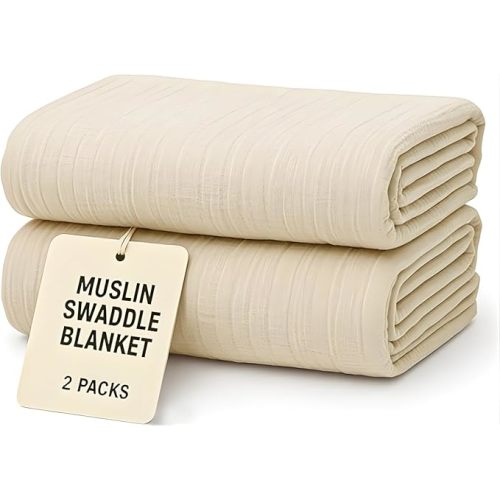 Muslin Swaddle Blankets 40x40 Inches Set of 2 Beige Baby Swaddles, Gender Neutral Muslin Baby Blanket Set, Large Receiving Blankets for Newborn Boys & Girls, Soft, Breathable