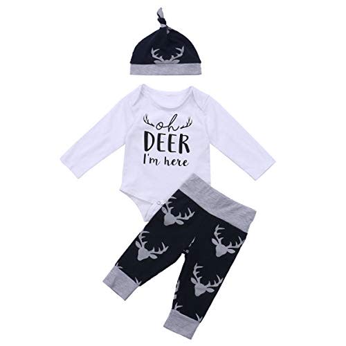 Shejingb Newborn Baby Boys Long Sleeve Letters Deer Romper Bodysuit Tops Camo Pants with Hat 3 Pcs Outfit Clothes Set