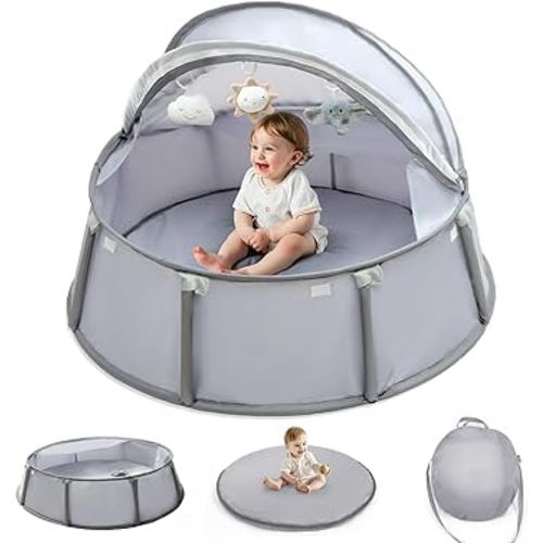 Extra Large 2-in-1 Pop up Tent, Baby Beach Tent with Canopy & Mosquito Net, Ball Pit Tent with Carrying Bag, Portable Baby Dome for Babies and Toddlers, Indoor & Outdoor, 43x43x25 in, Light Grey