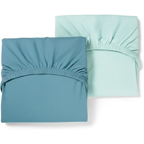 Luvberries Guava Lotus Travel Crib Sheets (Set of 2) – 100% Organic Cotton Fitted Sheets for Baby Play Yard & Mini Crib Mattress – Super Soft Jersey Knit – Snug Fit & Washable (Blue Tones)