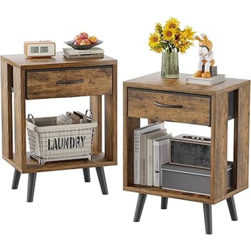 GYIIYUO Nightstand Set of 2 with Fabric Drawers and Open Shelves - Rustic Bedroom Side Tables