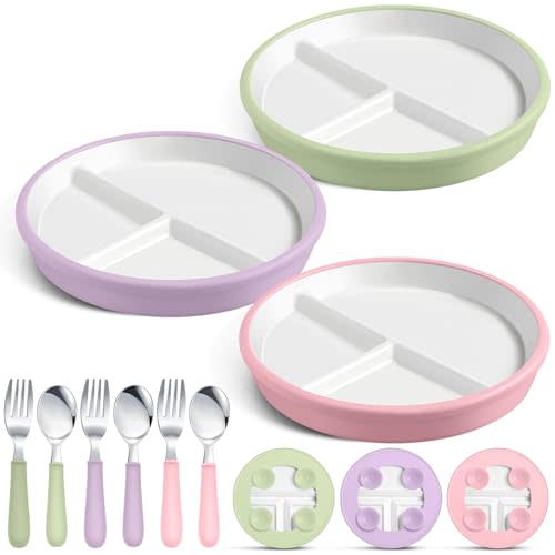 Teenyyou 3 Pack 8" Large Porcelain Toddler Plates Feeding Set, Ceramic Kids Plates with Anti Slip Silicone Sleeve for Baby 3 Spoons and Forks Divided Kids Plates Suction (Green,Pink,Purple)
