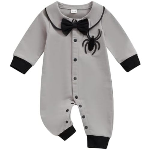 Lamuusaa Newborn Baby Boy Halloween Outfit Long Sleeve Spider Embroidery Romper Bowtie Jumpsuit Halloween Costumes 0-18M