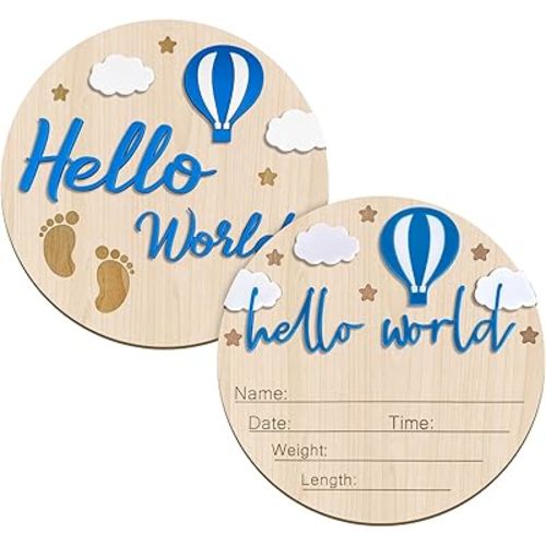 Hello World Baby Sign, 5.9 Inch Double-Sided Wooden Cute Baby Announcement Sign, Birth Announcement for Newborn Boy Girl Photo Props Hospital Nursery(Dark Blue)