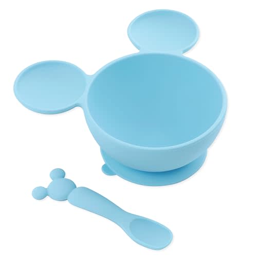Bumkins Disney Baby Bowl, Silicone Feeding Set with Suction for Baby and Toddler, Includes Spoon and Lid, Essentials for Baby Led Weaning,for Babies 4 Months, Mickey Mouse Light Blue