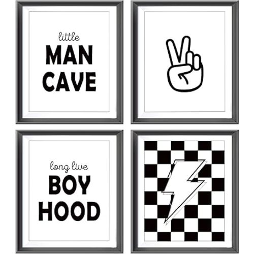 Little Man Cave Retro Preppy Checkered Lightning Peace Sign Long Live Boyhood Poster Prints for Boy Teen Room Dorm Decor,Preppy Decorations Prints Wall Art Unframed 4pcs 8x10inches,Teen Boys Gifts