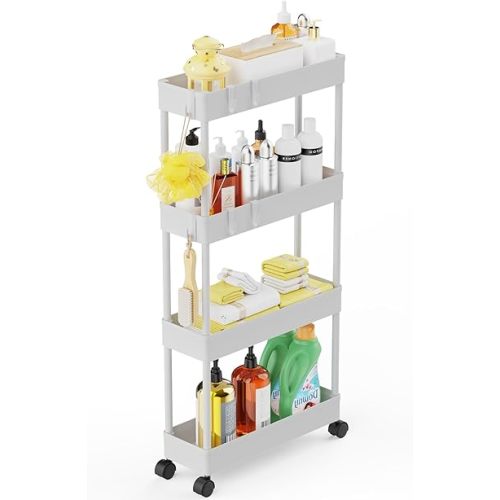 LEHOM 5.3" Slim Storage Cart - 4 Tiers Bathroom Organizer Mobile Shelving Unit Storage Rolling Utility Cart Slide Out Organizer for Kitchen Bathroom Laundry Narrow Places, White
