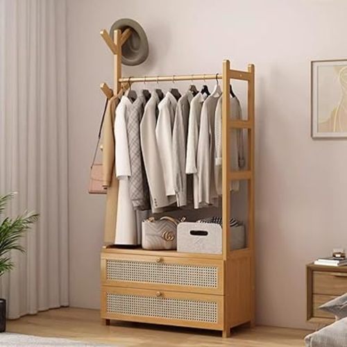Clothing Rack with Shelves,Bamboo Clothes Rack,Natural Clothes Rack Hanging,Drawers Hanging Racks,Garment Racks with Shelves (27.6inch Width Natural with Rattan Door)