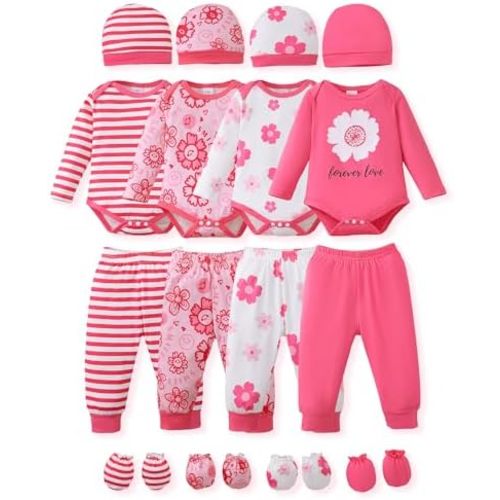 NZRVAWS Newborn Baby Boy Girl Clothes Unisex Infant Romper Pants Set Hat 4-Pack Outfits 0-12 Months 16 Pieces Toddler