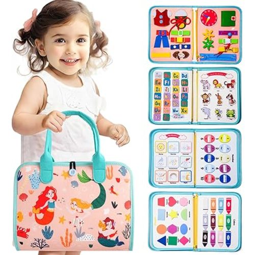 Teefrye Toddler Busy Board Montessori Toys for Toddlers 1-3 Year Old Educational Activity Book Board Sensory Travel Toys Ages 2-4 Preschool Learning Fine Motor Skills Toy Quiet Book Gift for Kids
