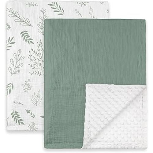 GLLQUEN BABY Blankets for Unisex Boys Girls, 2-Pack Muslin Cotton Front Soft and Breathable, and Dotted Fleece Backing, Printed Bed Nursery Minky Blankets for Toddler Newborn, Greenery,30 x 40 inches