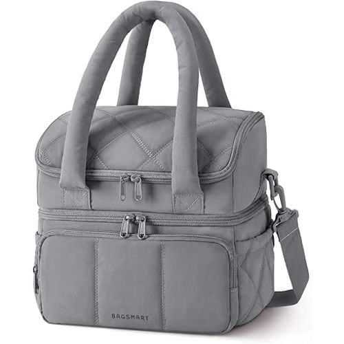 BAGSMART Lunch Bag Women, Double Deck Insulated Lunch Box, Quilted Puffer Lunch Tote, Leakproof, Durable & Reusable Large Lunch Cooler For Work Picnic Travel Meal Prep, Gray