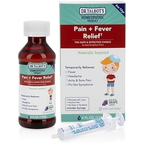 Dr. Talbot's Pain + Fever Relief Liquid Medicine with Natural Ingredients for Children, Includes Syringe, Grape Juice Flavor, 4 Fl Oz