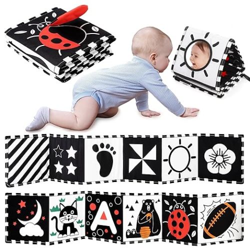 Black and White Baby Toys, High Contrast Newborn Toys 0-3 Months Brain Development, Tummy Time Toys, Soft Baby Book, Infant Sensory Toys 0-6-12 Months Visual Stimulation Montessori Toy Gift
