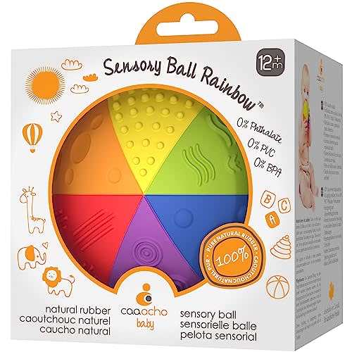 Pure Natural Rubber Sensory Ball Rainbow 4" - All Natural Sensory Toy, Promotes Sensory Development, Rainbow Colors, Perfect Bouncer, Gentle Squeaking, BPA Free, PVC Free, Food-grade paint