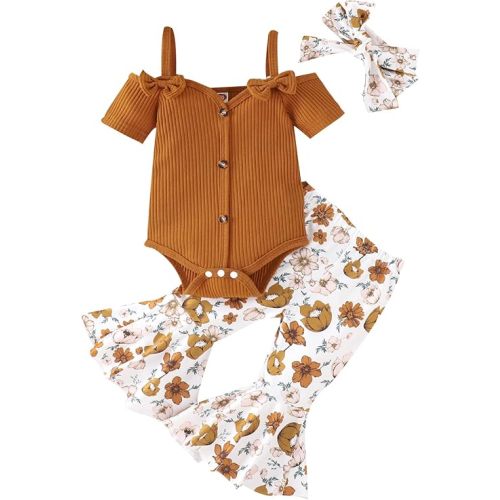 Engofs Newborn Baby Girl Clothes Short Sleeve Romper Flare Pants Headband Set 3Pcs Infant Summer Outfit 0 3 6 12 18 Months