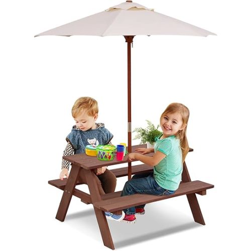 Olakids Kids Picnic Table, Outdoor Toddler Wooden Table and Chair Set with Removable Umbrella, Children Activity Furniture Bench Set for Patio Garden Backyard