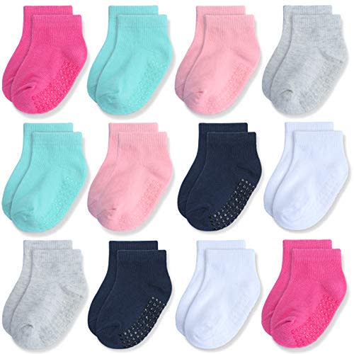 JAKIDAR 12-Pair Baby Socks Non-Slip Cotton Toddler Socks Ankle Socks for Baby Toddler Kids
