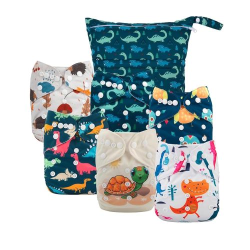 babygoal Cloth Diaper Covers 6 Pack with Wet Bag for Fitted Diapers and Prefolds with Double Gussets, Adjustable and Reusable for Baby Boys 6DCF14-B